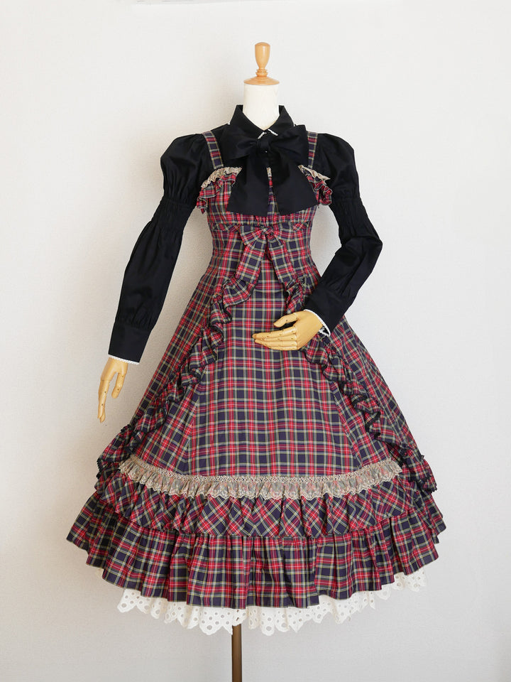 クラッシックチェックフリルリボンスリーブレスドレス - Victorian