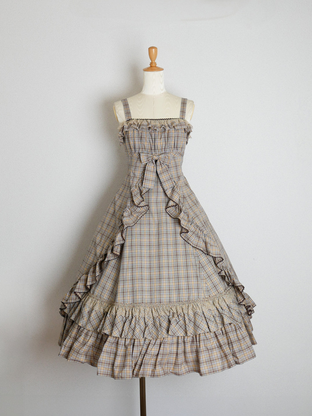 クラシックチェックフリルリボンスリーブレスドレス - Victorian