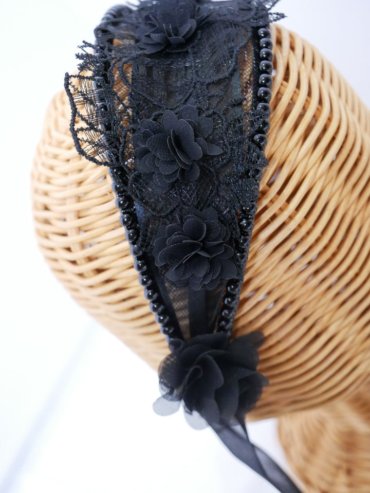 リリアンヌカチューシャ　黒 × 黒　ブラック　ロリィタ　懐古 ゴシックフローラルカチューシャ - Victorian maiden - クラシカル