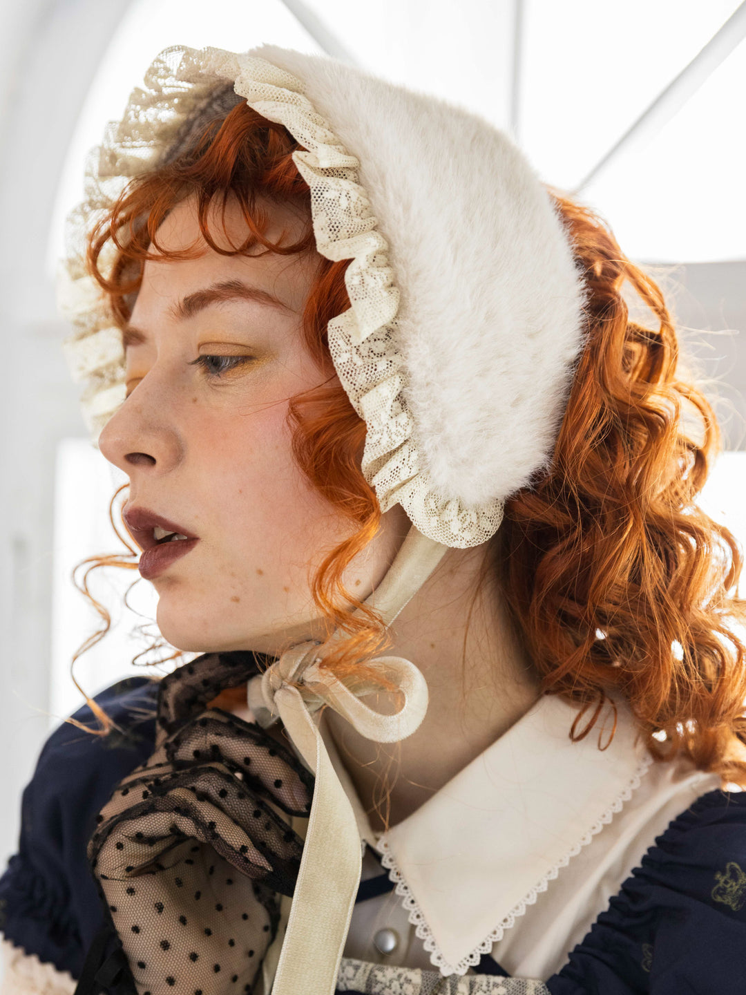 Victorian maiden ハーフボンネット 黒レース アメリアレーシーノーブルサテンハーフボンネット - Victorian maiden