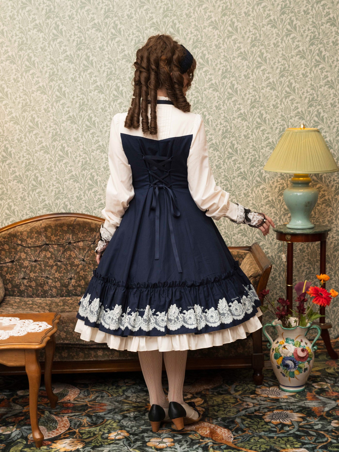 vintageレースプリントサテンメニーリボンドールドレス【受注期間:7/23