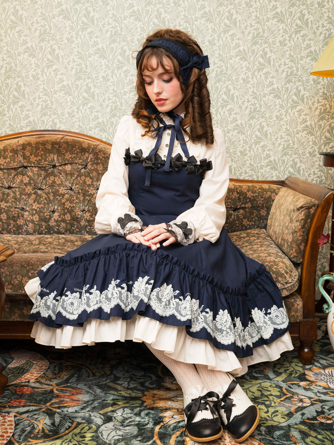 vintageレースプリントサテンメニーリボンドールドレス【受注期間:7/23